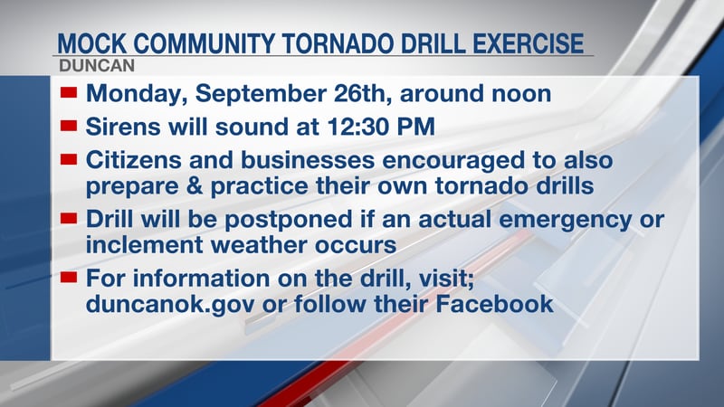 On Monday, September 26, the City of Duncan will be testing their tornado warning systems