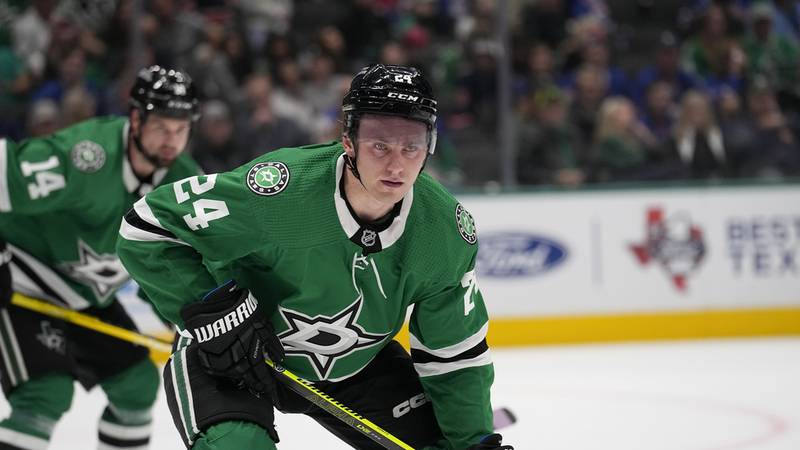 Dallas Stars center Roope Hintz (24) watches a face off during an NHL hockey game against the...