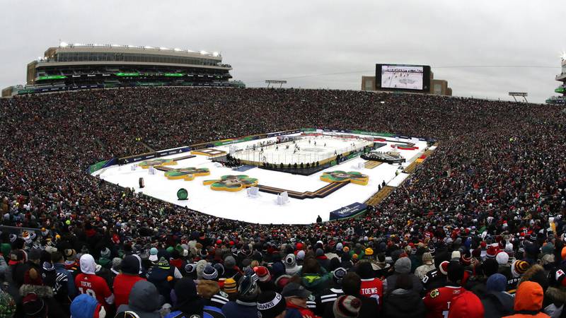 Notre Dame Stadium is viewed during the second period of the NHL Winter Classic hockey game...